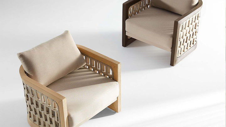 Two Single Armchairs from 4-Pieces Patio Sofa Set in Light and Dark Wood for Outdoor Lounge