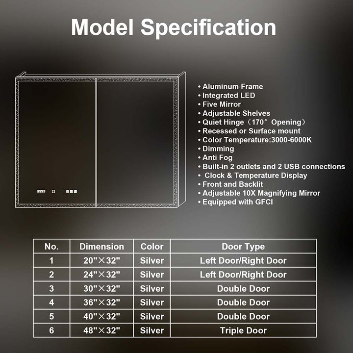 40x32 led medicine cabinet specifications sizes features