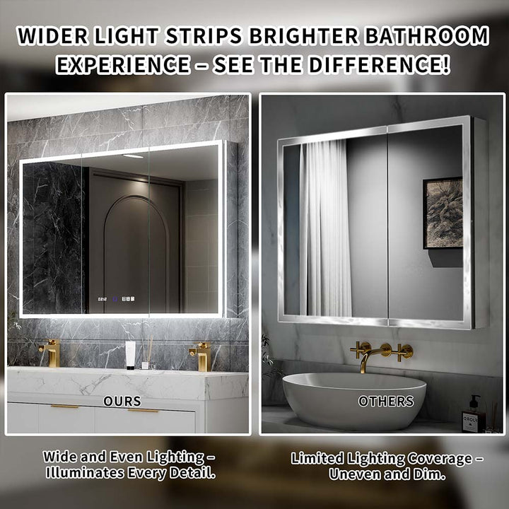 40x32 medicine cabinet led lighting comparison bright vs dim