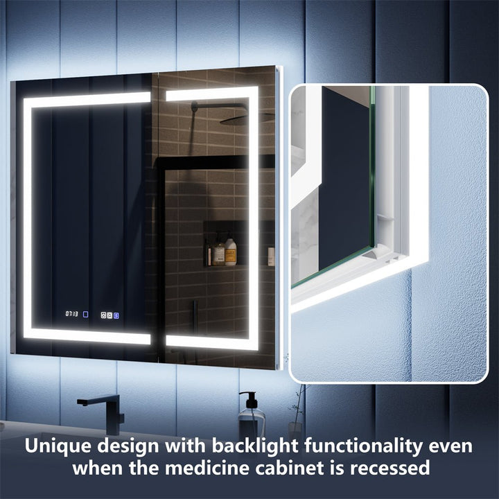 42x36 medicine cabinet with backlight functionality even when recessed