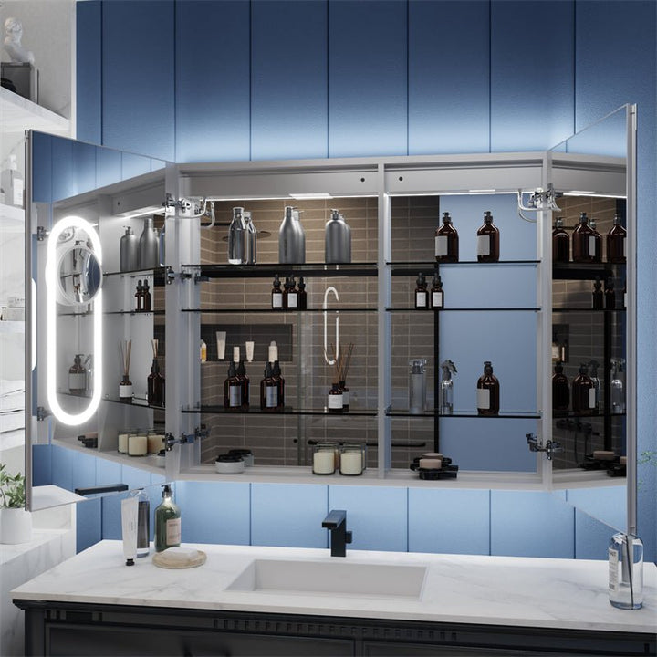 42x36 medicine cabinet with open doors and storage shelves