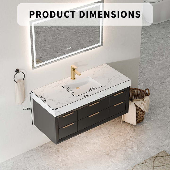Top view of 48-inch bathroom vanity with detailed measurements