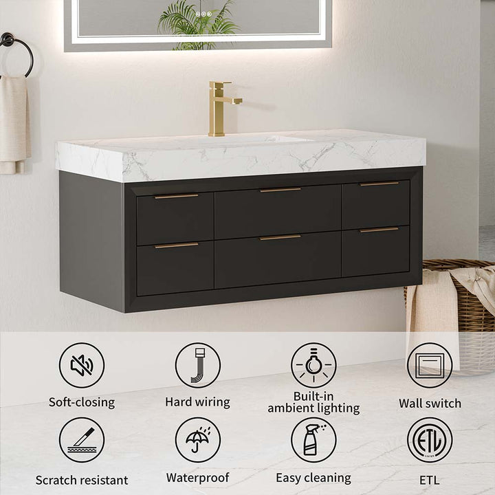Vanity with soft-close, waterproof, ambient lighting, ETL certified