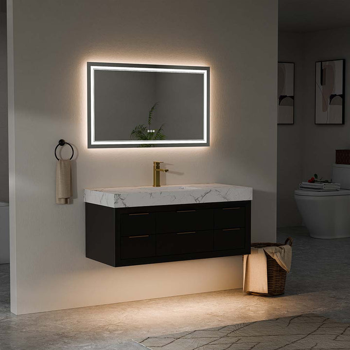 Side view of 60-inch vanity with LED mirror in night lighting