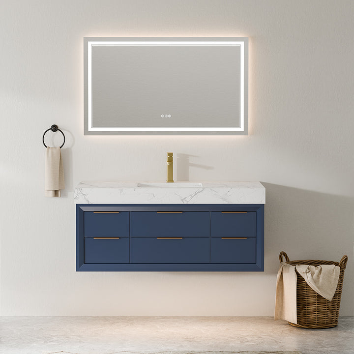 48 Inch blue wall mounted bathroom vanity with beveled edge