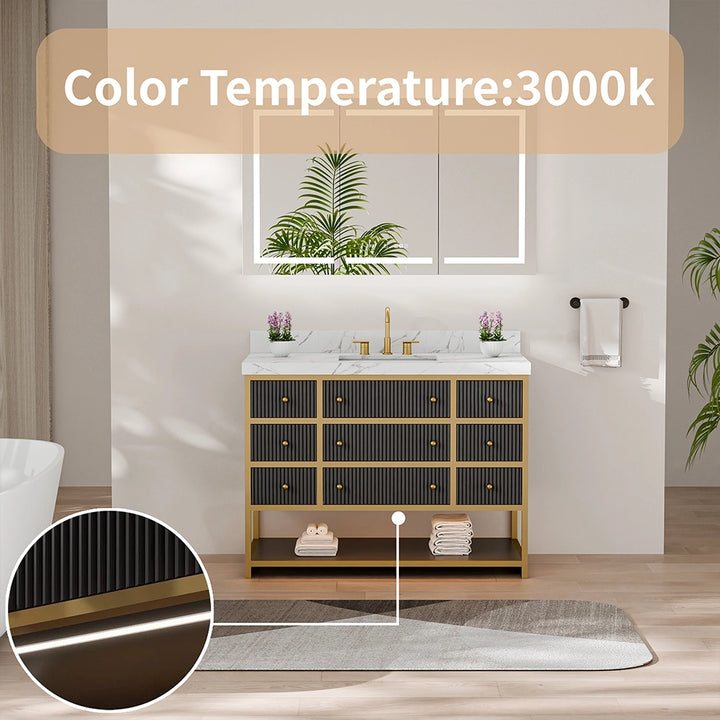 48 inch fluted solid wood bathroom vanity warm 3000k lighting