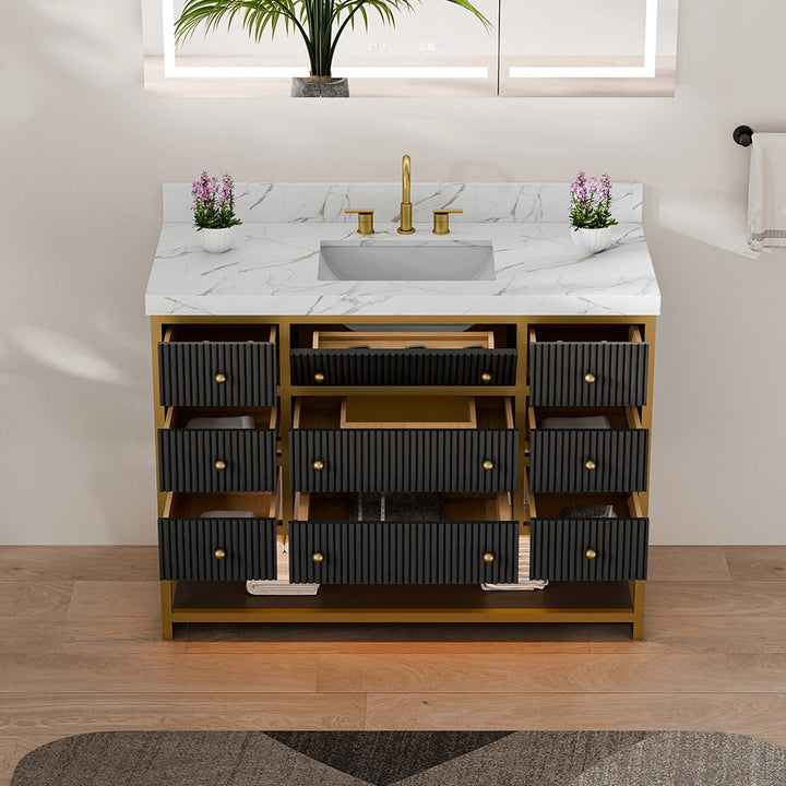 48 inch fluted solid wood bathroom vanity front view open drawers