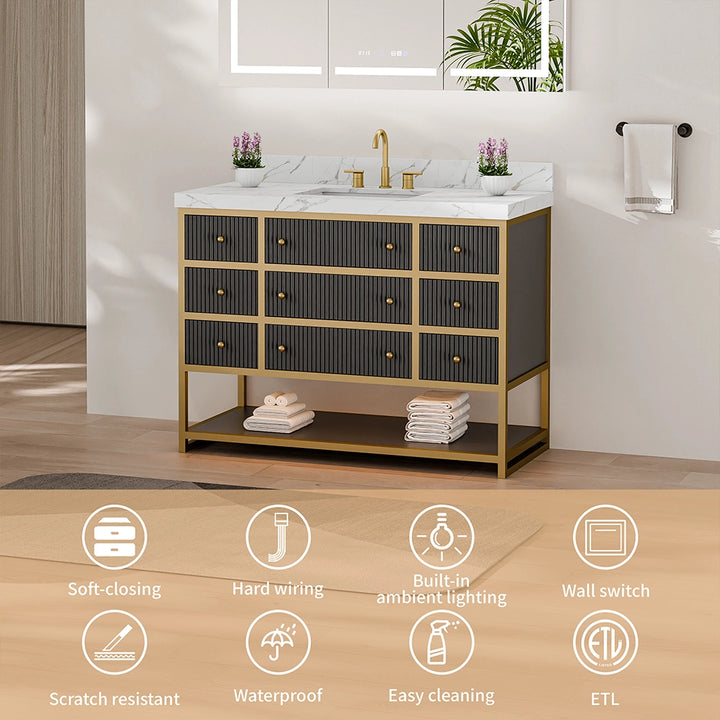 48 inch fluted solid wood bathroom vanity with key features icons