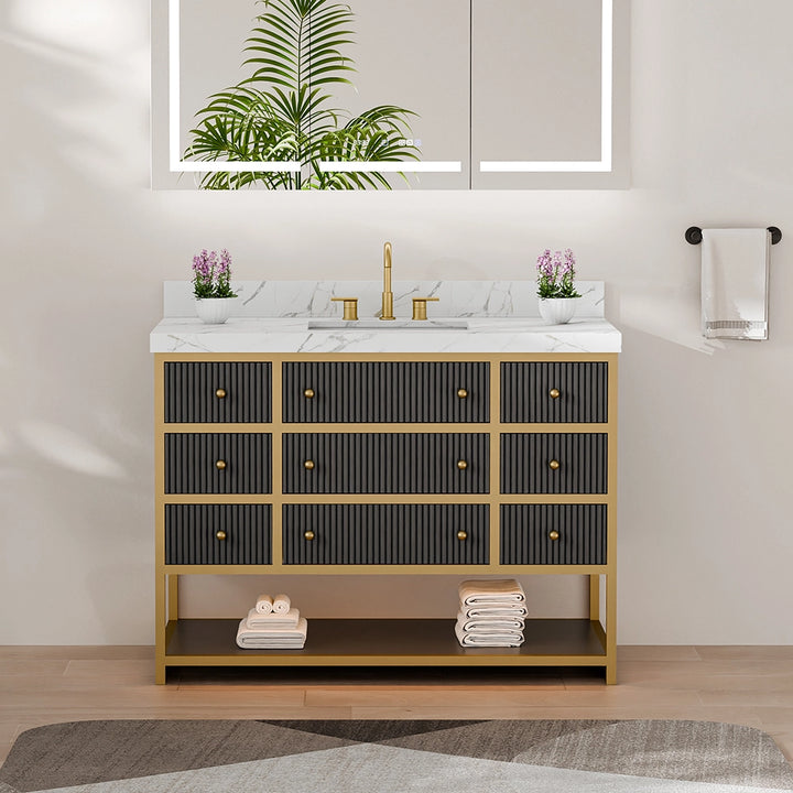 48 inch fluted solid wood bathroom vanity with marble top