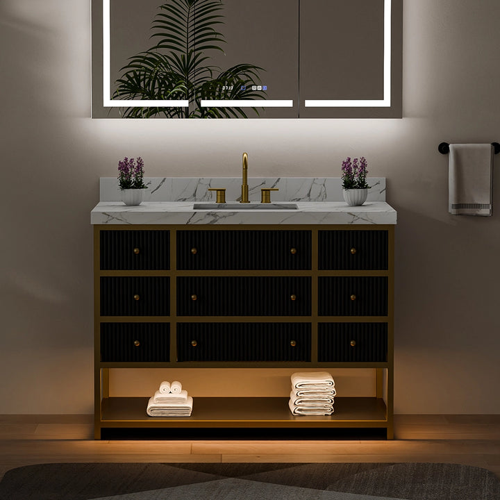 48 inch fluted solid wood bathroom vanity night view