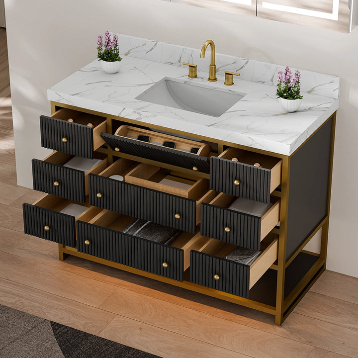 48 inch fluted solid wood bathroom vanity with open drawers