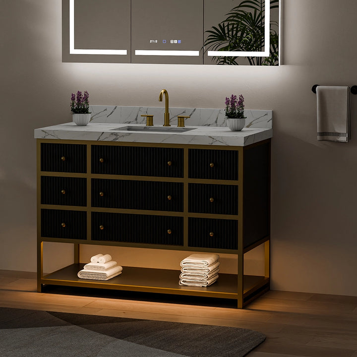 48 inch fluted solid wood bathroom vanity top night view