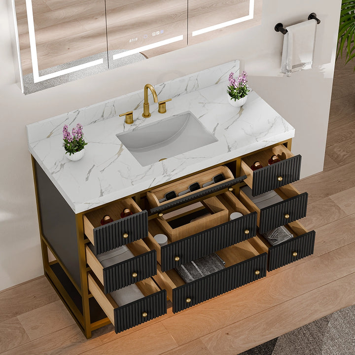 48 inch fluted solid wood bathroom vanity top view open drawers