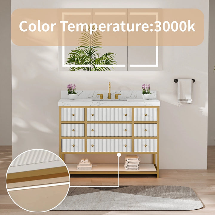 48 inch fluted solid wood bathroom vanity white warm 3000k lighting