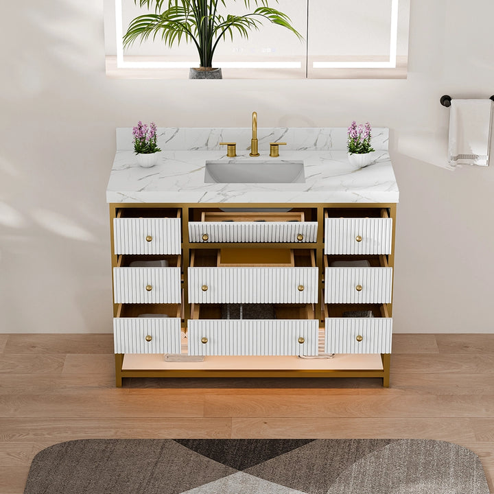 48 inch fluted solid wood bathroom vanity white front open drawers