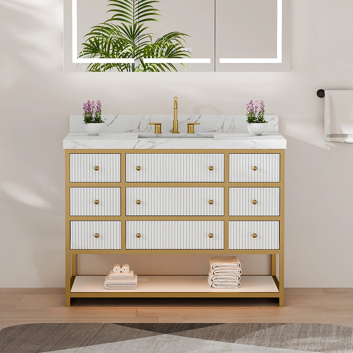 48 inch fluted solid wood bathroom vanity white front view