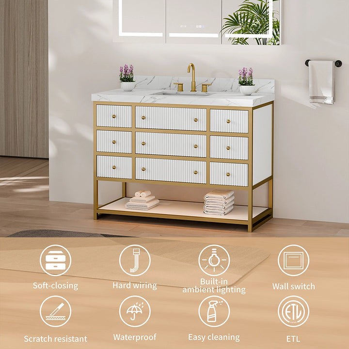 48 inch fluted solid wood bathroom vanity white key features icons