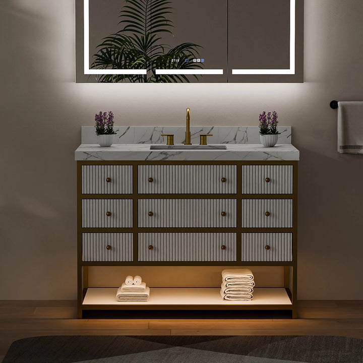 48 inch fluted solid wood bathroom vanity white night view