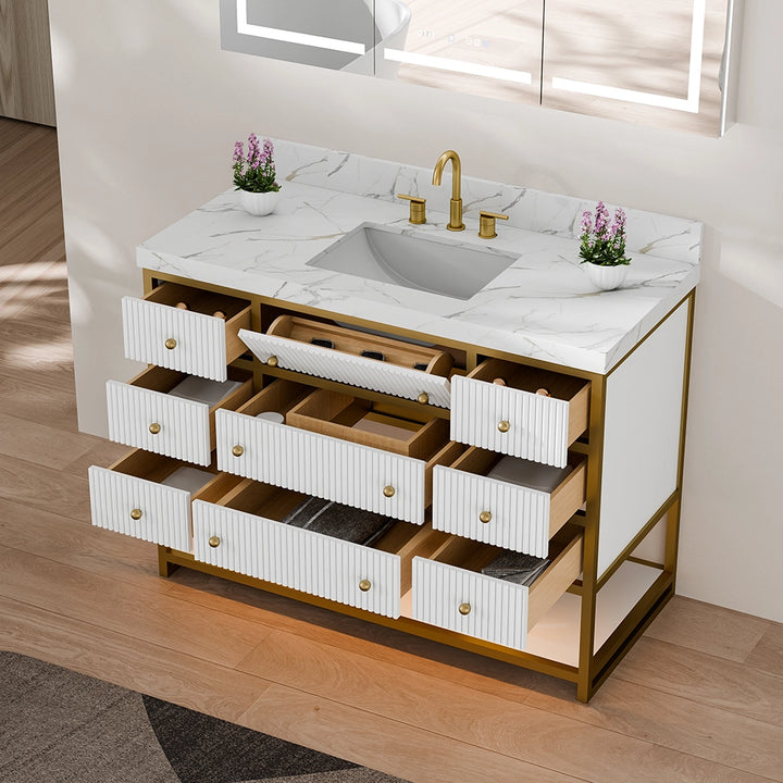 48 inch fluted solid wood bathroom vanity white open drawers