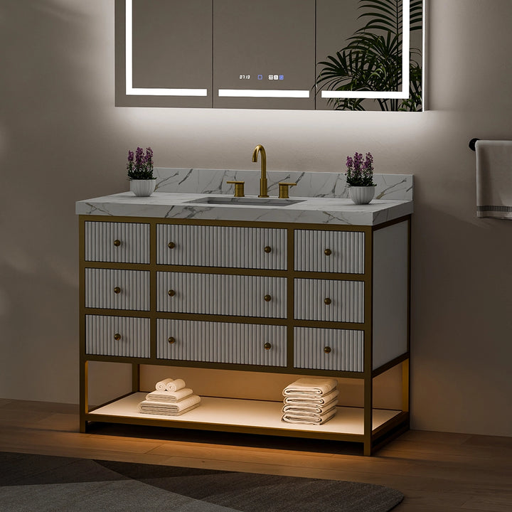 48 inch fluted solid wood bathroom vanity white side night view