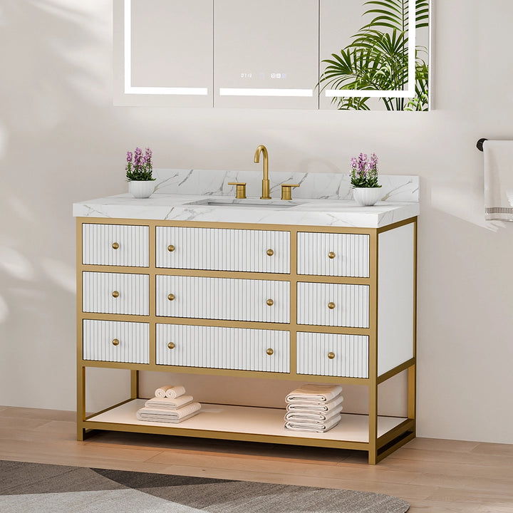 48 inch fluted solid wood bathroom vanity white side view
