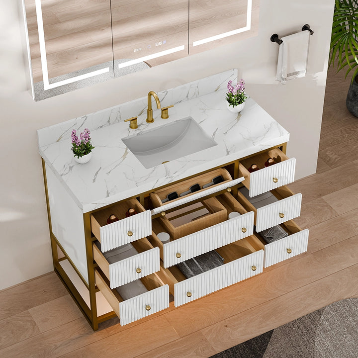 48 inch fluted solid wood bathroom vanity white top view open drawers