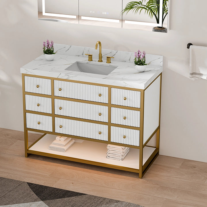 48 inch fluted solid wood bathroom vanity white top view