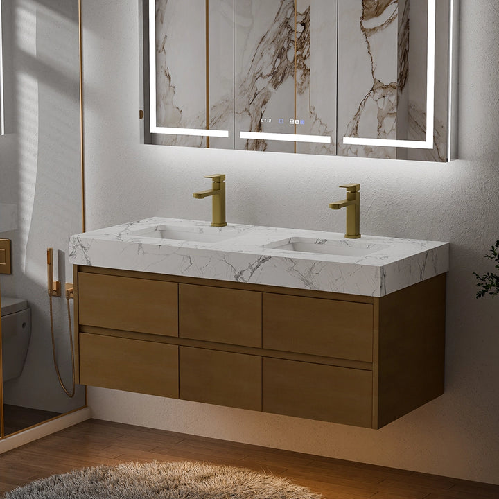 48 inch maple floating bath vanity with double sink and LED lighting
