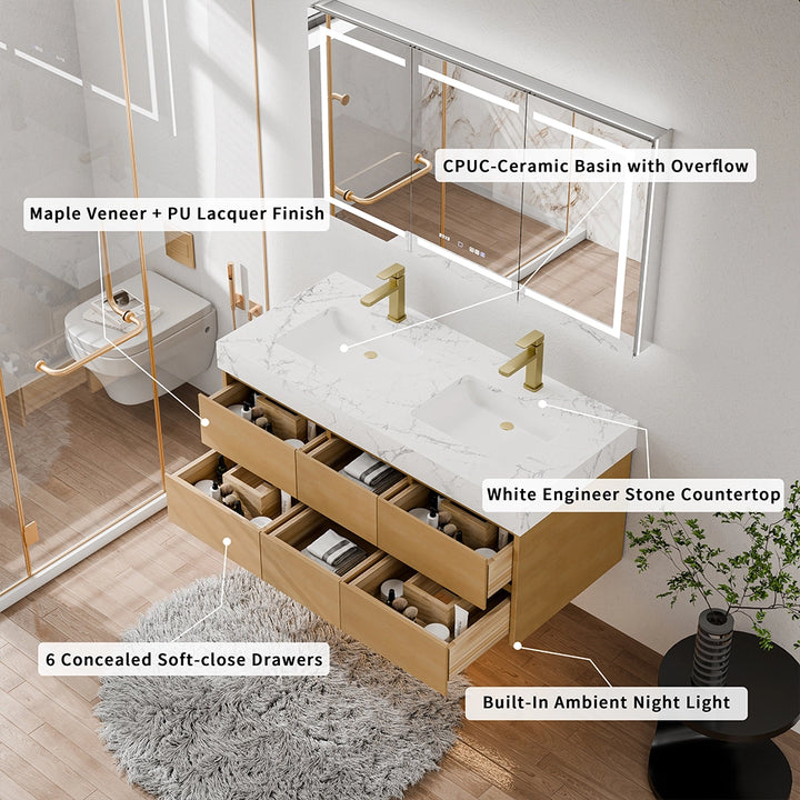 48 inch maple floating bath vanity double sink with soft close drawers
