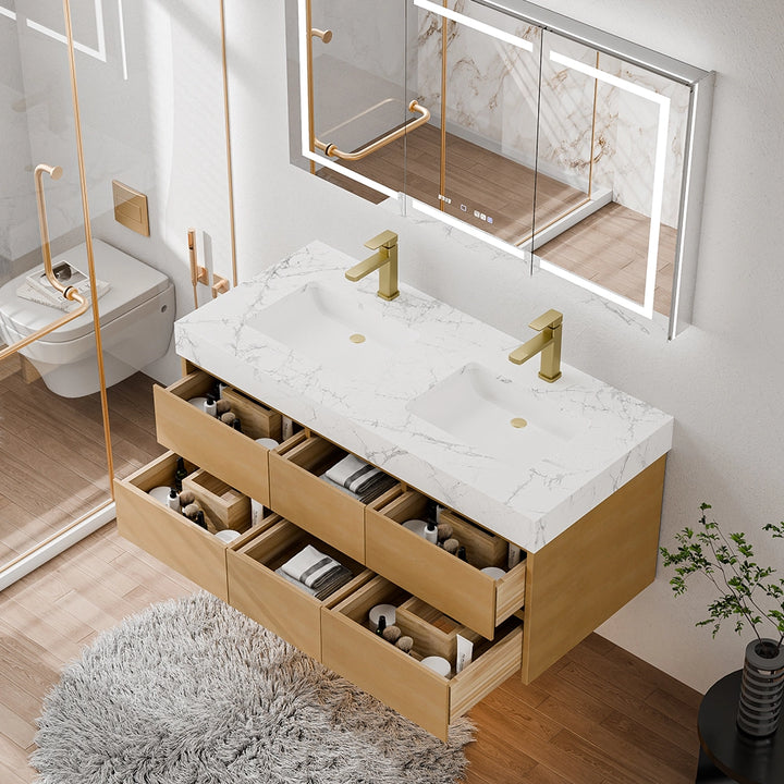 48 inch maple floating bath vanity with double sink and storage drawers