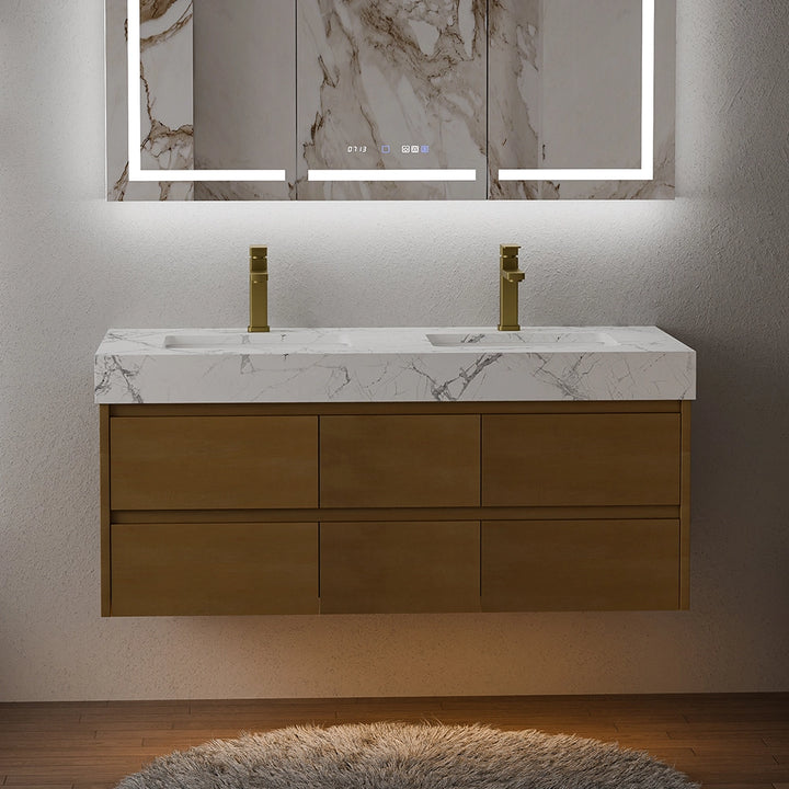 48 inch maple floating bath vanity double sink with LED mirror lighting