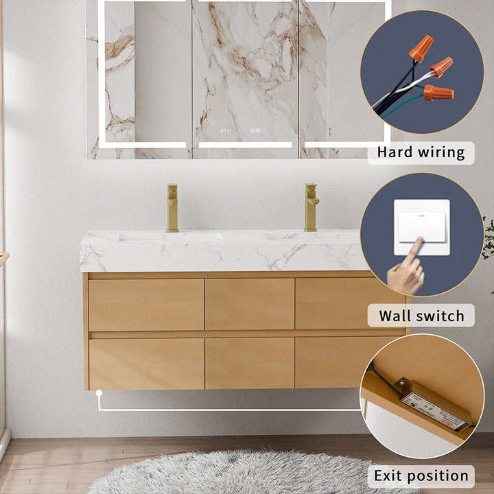 48 inch maple floating bath vanity with hard wiring and wall switch