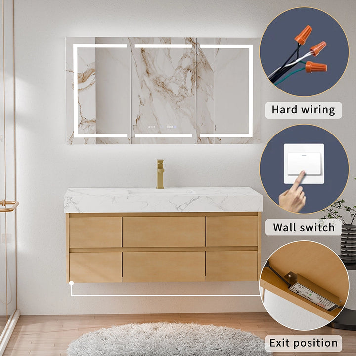 48 inch maple floating bath vanity with hardwired wall switch light