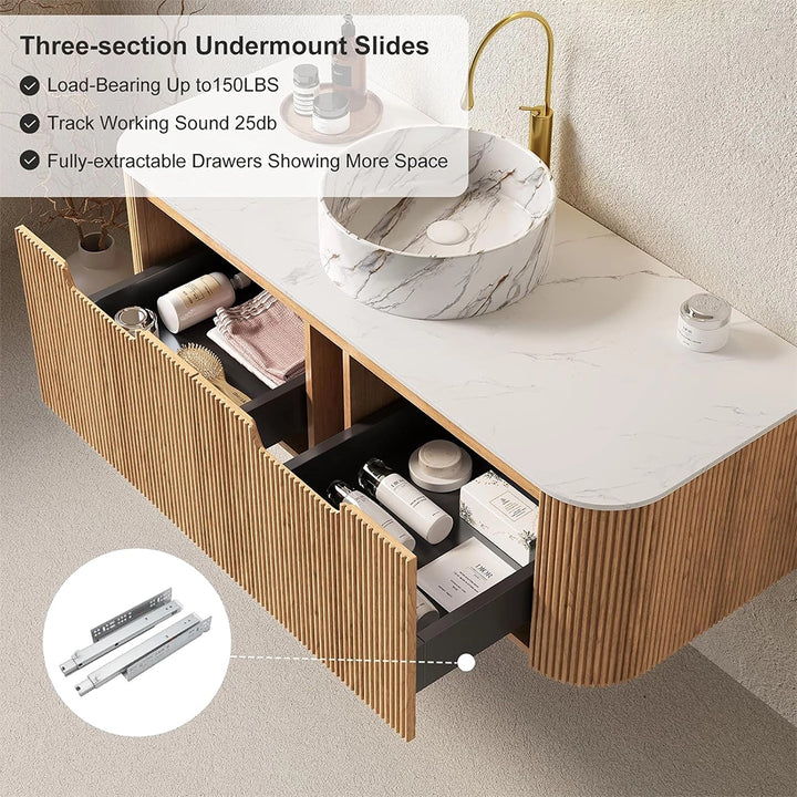 48 inch maple floating bath vanity with three section undermount drawers