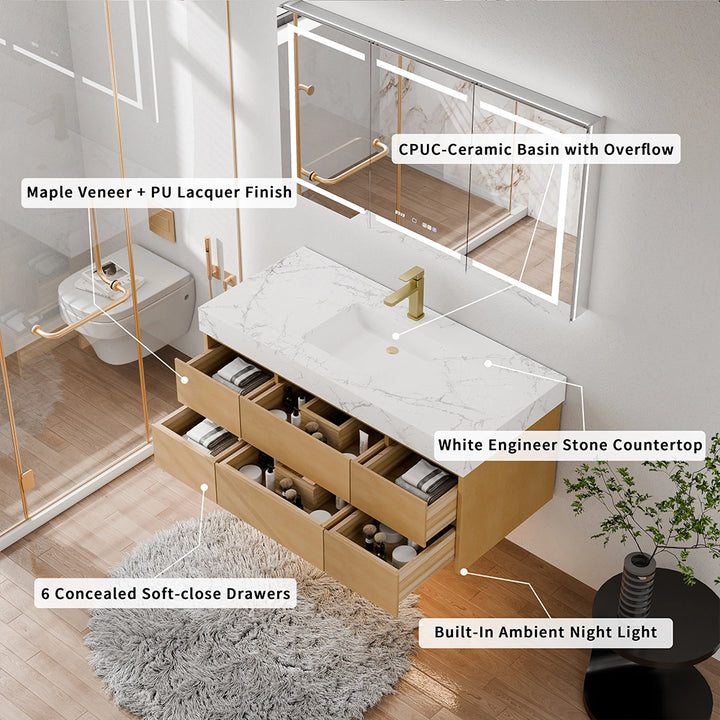 48 inch maple floating bath vanity with ceramic basin and soft close drawers