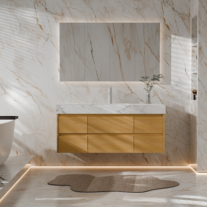 48-inch maple floating bath vanity with marble countertop
