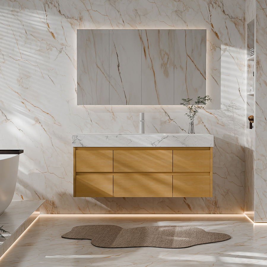 48-inch maple floating bath vanity with marble countertop