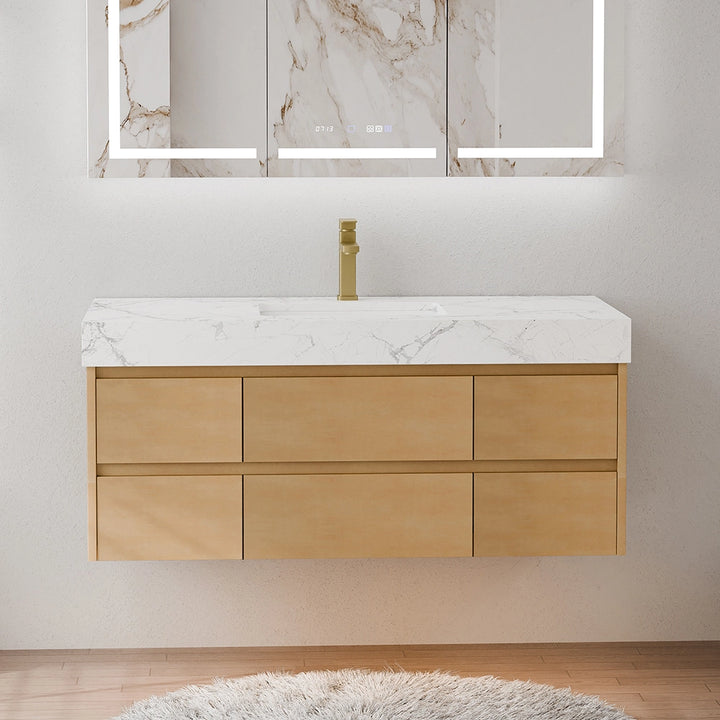 48 inch maple floating bath vanity with marble countertop