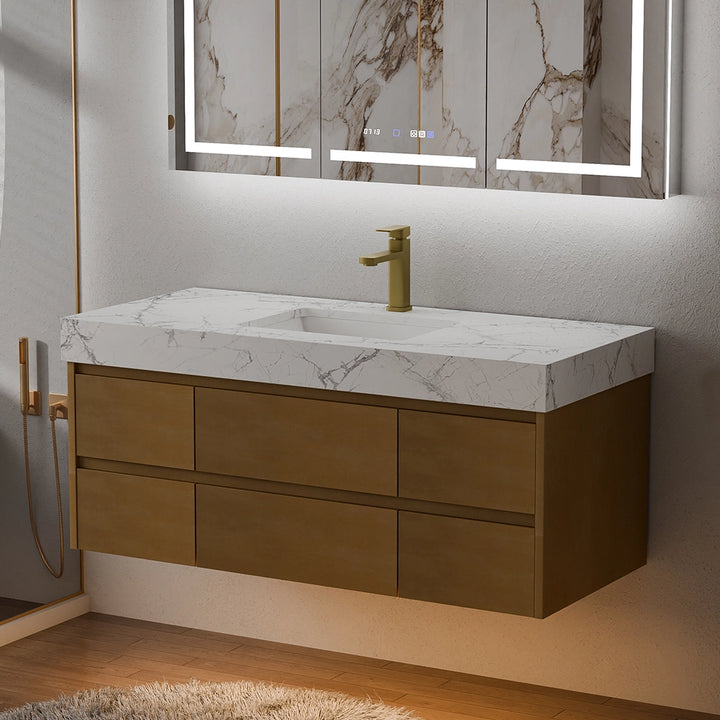48 inch maple floating bath vanity with marble countertop and gold faucet