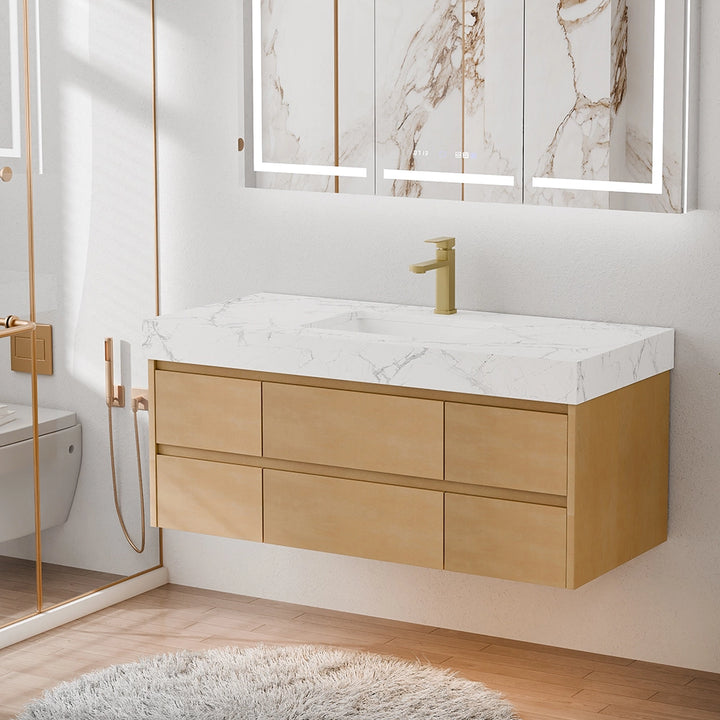 48 inch maple floating bath vanity with single faucet and marble top