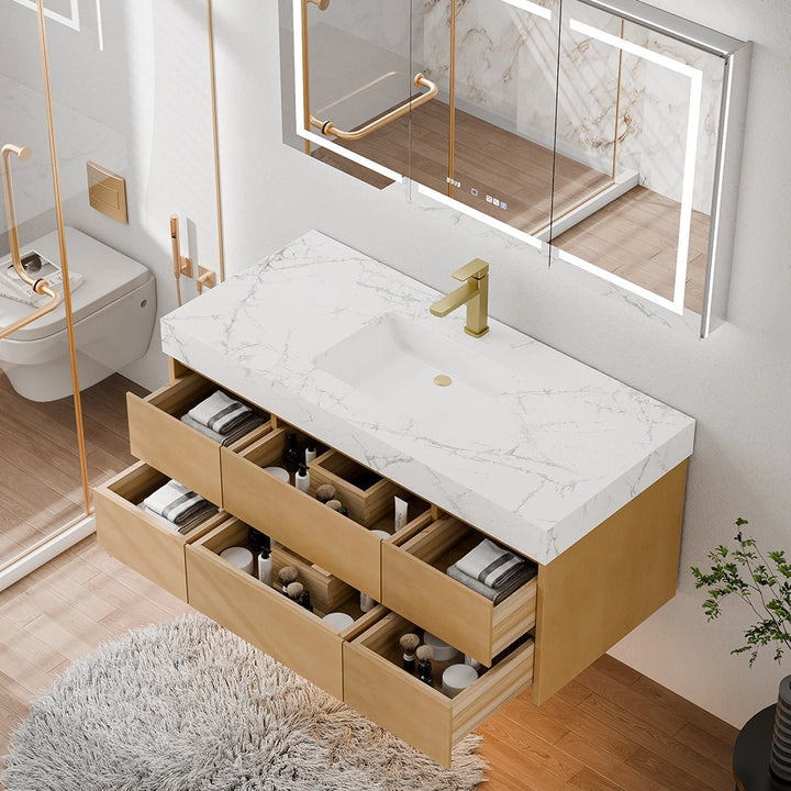 48 inch maple floating bath vanity with marble top and storage drawers