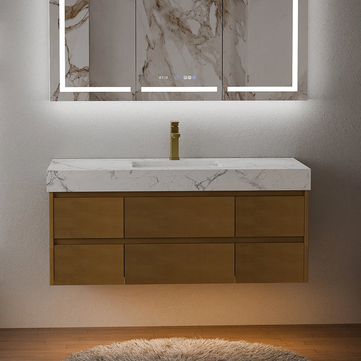 48 inch maple floating bath vanity with warm ambient lighting