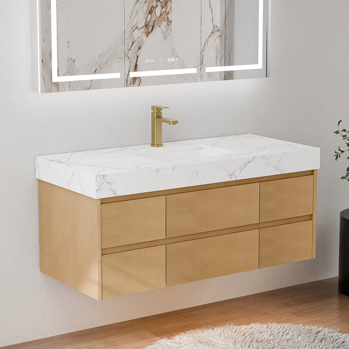 48 inch maple floating bath vanity with white marble countertop