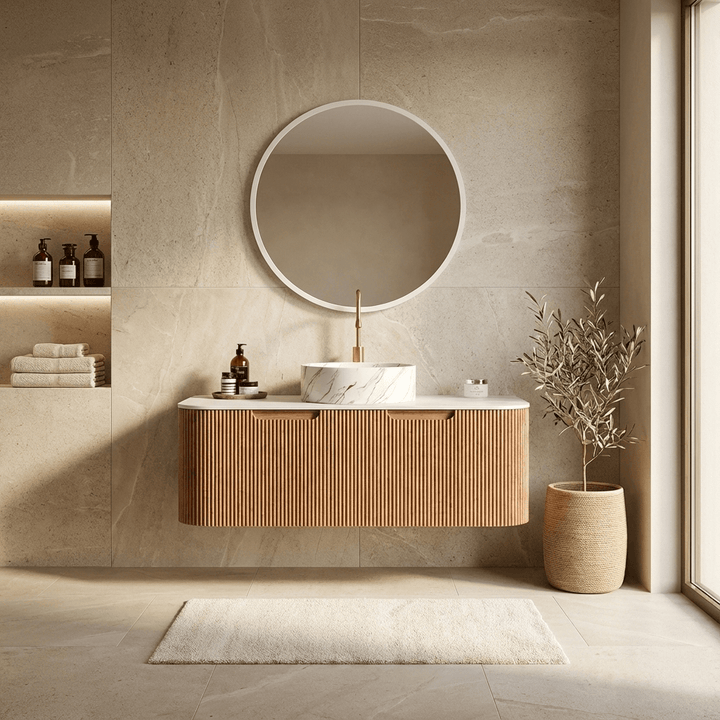 48-inch solid wood floating bathroom vanity with fluted wood drawer fronts and a marble vessel sink in a modern beige stone bathroom