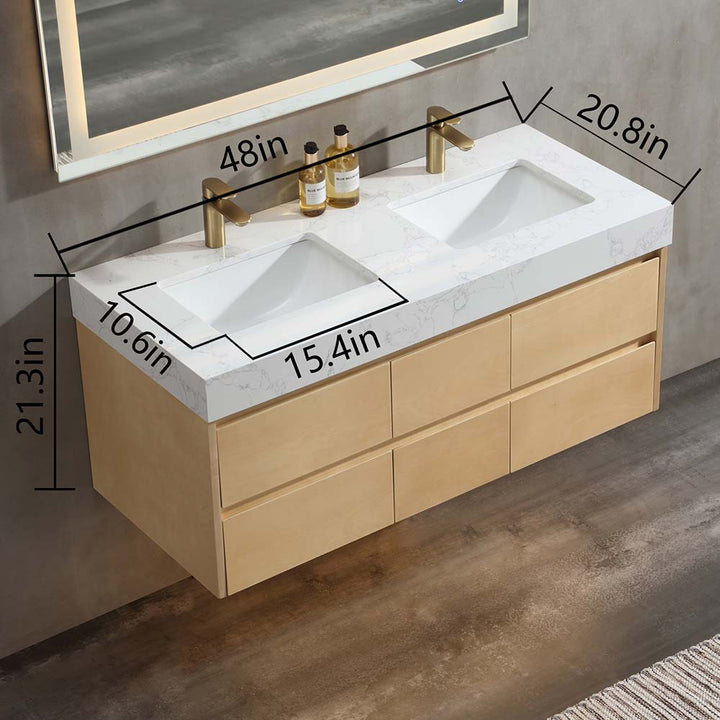 48-inch solid wood vanity with double sinks, marble countertop, and gold faucets