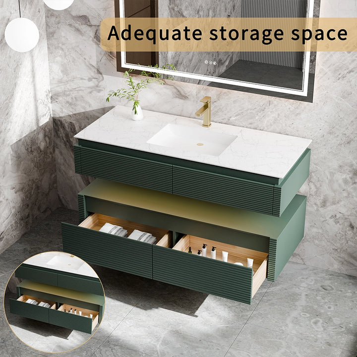 48 inch green bathroom vanity with large storage drawers and shelf