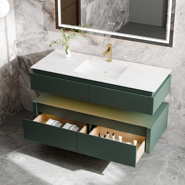 48 inch green bathroom vanity with drawers and marble countertop
