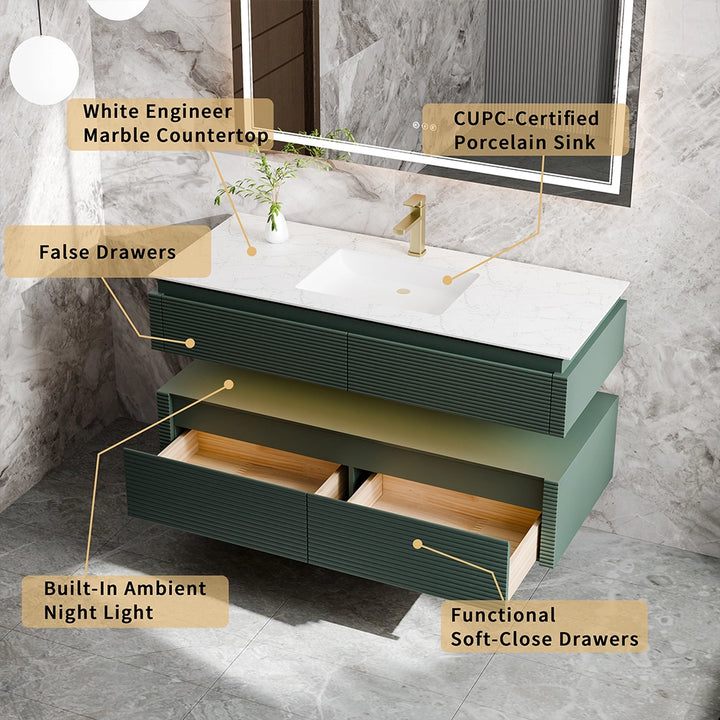 48 inch green bathroom vanity with marble top and soft close drawers