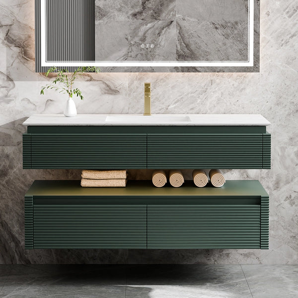 48 inch green bathroom vanity with marble top and open storage shelf