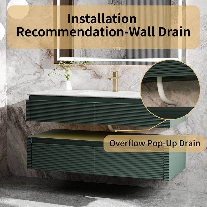 48 inch green bathroom vanity with overflow pop up wall drain